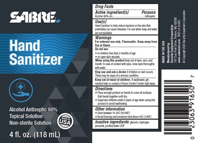 Sabre. [brand Name] Hand Sanitizer Alcohol Antiseptic 80% Topical Solution Non-sterile Solution  Made In Usa 4 Fl. Oz. (118 mL) (Sabre Hand Sanitizer Label)
